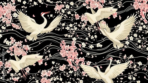 Cultural japanese pattern with cranes and cherry blossoms artistic design gigapixel standard scale elegant aesthetic