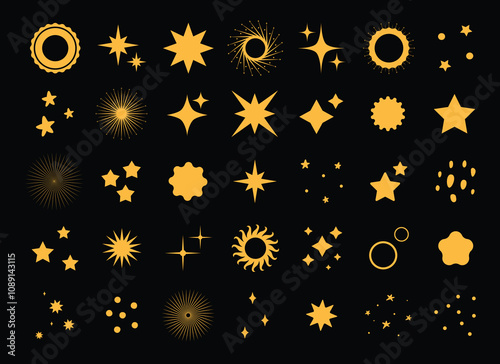 Retro sparkle icons collection. Set of star shapes. Abstract simple shine effect sign vector design. Templates for design, posters, projects, banners, logo, and business cards. Lighting effects. Magic