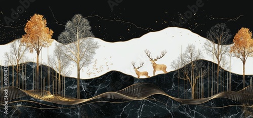 White marble background, brown deer, and trees on a canvas frame. photo