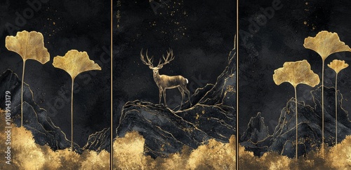 In this 3D illustration, golden leaves of trees and deer are set against a black painting background. photo