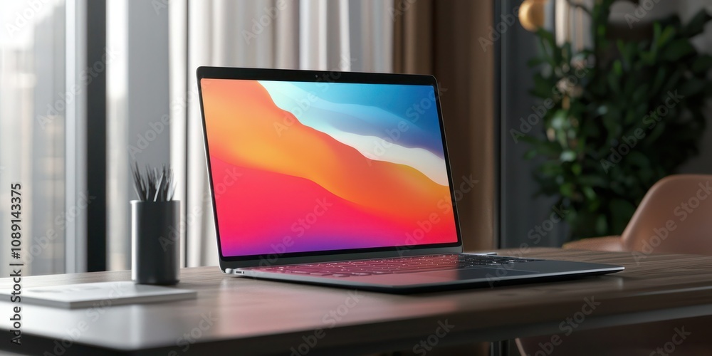 Fototapeta premium A sleek laptop mock-up displayed on a modern desk, showcasing a customizable interface design