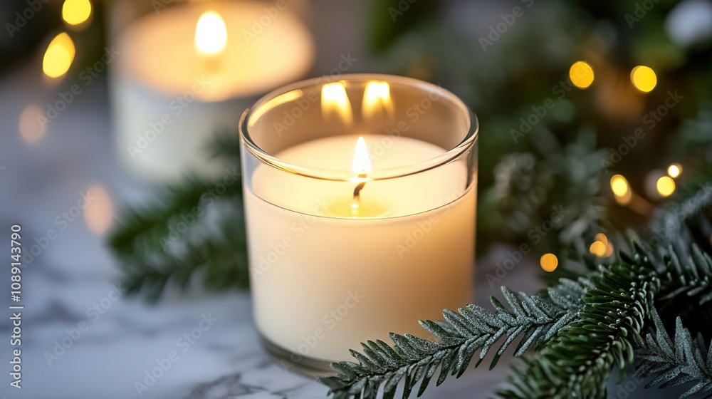 Candle with flame, pine branch, festive lights