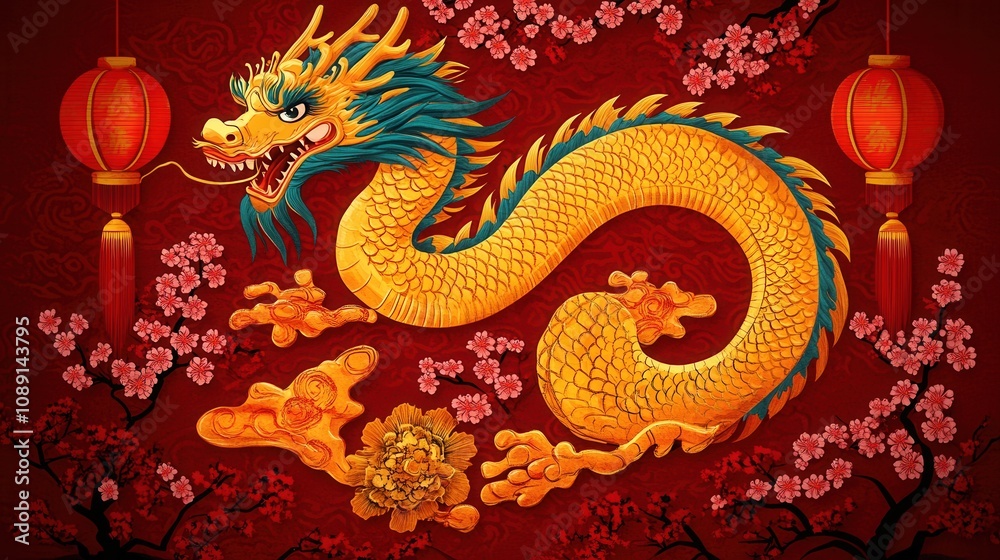 A vibrant golden dragon coils amidst red lanterns and cherry blossoms, symbolizing strength and prosperity in a festive atmosphere. A vibrant golden dragon coils amidst red lanterns and cherry blossoms, symbolizing strength and prosperity in a festive atmosphere.