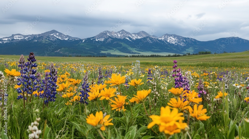 A vibrant meadow filled with yellow and purple wildflowers, set against a backdrop of majestic snow-capped mountains under a cloudy sky. A vibrant meadow filled with yellow and purple wildflowers, set against a backdrop of majestic snow-capped mountains under a cloudy sky.