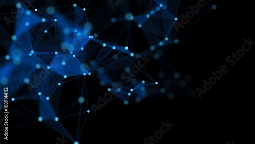 Blue abstract background with connection lines, dots and triangles. Technology network connection. Digital structure of particles. 3D rendering.
