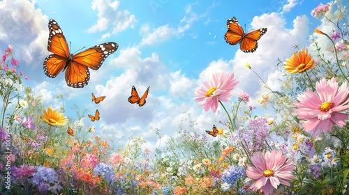 A peaceful garden filled with blooming flowers, with butterflies fluttering among the blossoms under a bright summer sky.