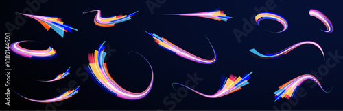 Abstract fast moving glowing neon particle created blue light curve line motion, digital futuristic internet data speed. Expressway, the effect of car headlights. Low-poly construction of fine lines.