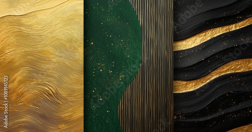 Geodes and abstracts as functional artworks, like watercolors and geodes. Gold, green, and gray marble background wallpaper for frames. Golden Wavy lines for canvas prints. photo