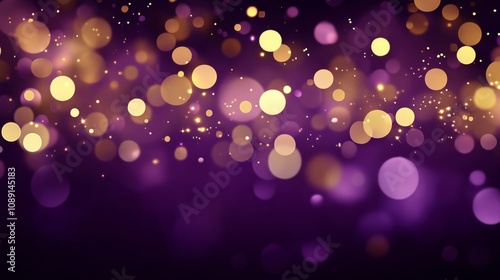 Abstract Dark Purple Background with Scattered Golden Circles Creating Vibrant Dreamy Bokeh Effect