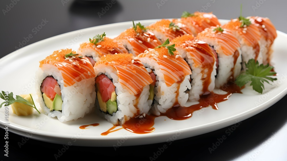 A vibrant plate of maki sushi rolls, featuring a variety of fresh, colorful ingredients that showcase a blend of traditional Japanese flavors and creative cultural influences. A vibrant plate of maki sushi rolls, featuring a variety of fresh, colorful ingredients that showcase a blend of traditional Japanese flavors and creative cultural influences.