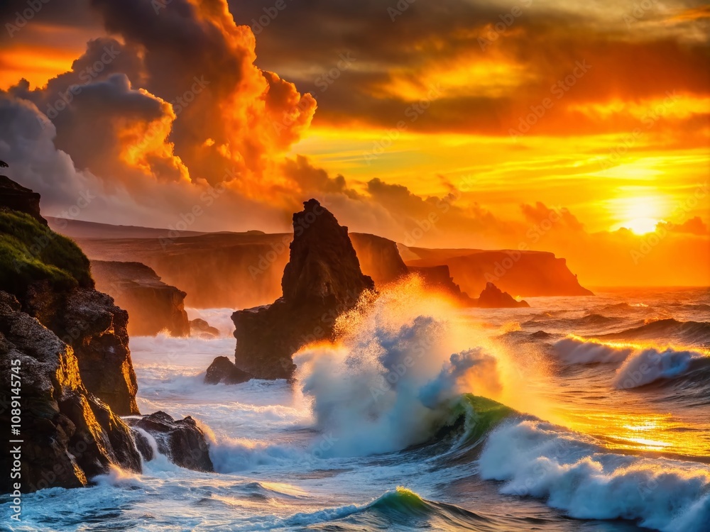 Fototapeta premium Captivating Silhouette Photography of a Roaring Coastline at Sunset with Dramatic Waves and Rocky Cliffs, Evoking a Sense of Adventure and Natural Beauty in a Serene Landscape