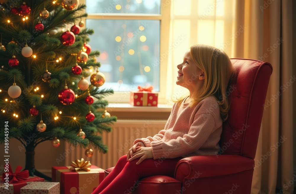 A joyful young girl dressed in warm winter clothes sits in a cozy red chair by a beautifully decorated Christmas tree, glowing with festive ornaments and lights, as she eagerly awaits Santa Claus A joyful young girl dressed in warm winter clothes sits in a cozy red chair by a beautifully decorated Christmas tree, glowing with festive ornaments and lights, as she eagerly awaits Santa Claus