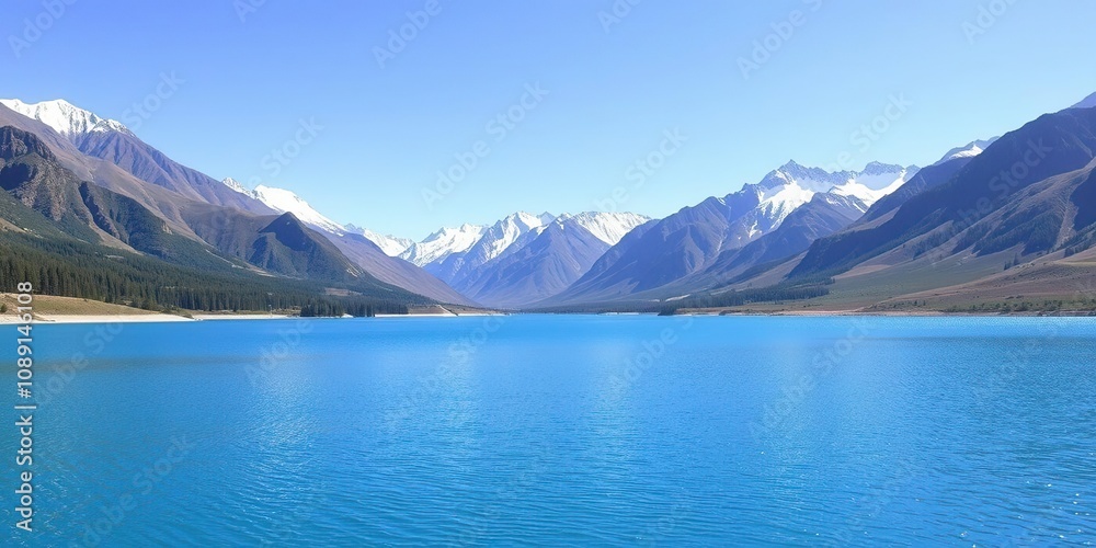 Serene blue lake surrounded by towering Himalayan peaks and lush greenery in the Spiti Valley, high altitude, serene Serene blue lake surrounded by towering Himalayan peaks and lush greenery in the Spiti Valley, high altitude, serene