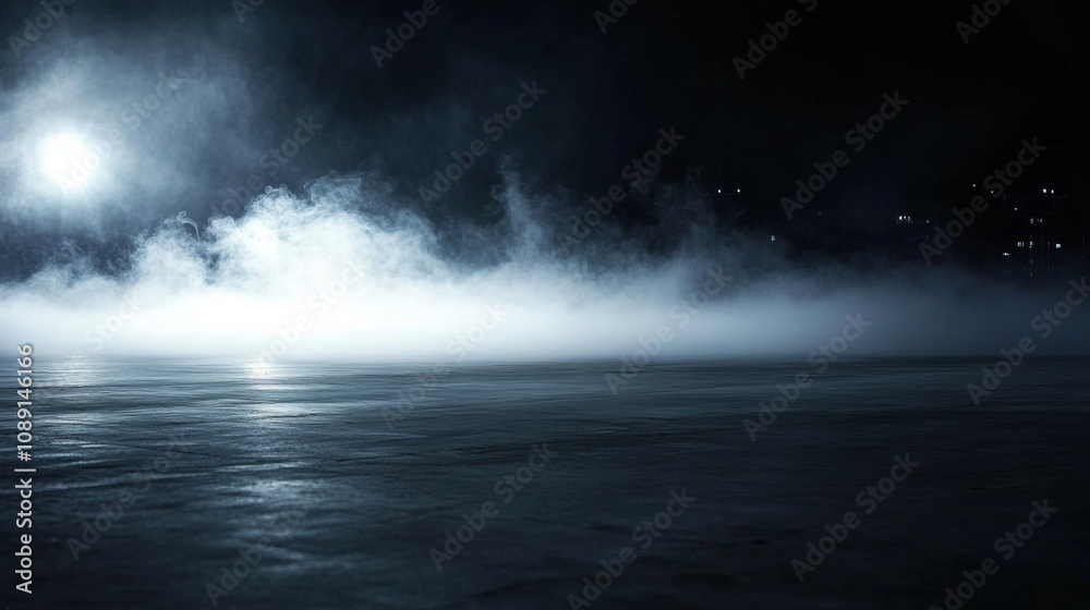Mysterious and eerie night landscape with billowing fog, dark sky, and obscured city lights, creating a foreboding atmosphere. Mysterious and eerie night landscape with billowing fog, dark sky, and obscured city lights, creating a foreboding atmosphere.