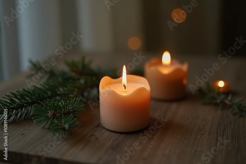 Cozy candles glowing gently with evergreen sprigs on wooden table, warm ambiance