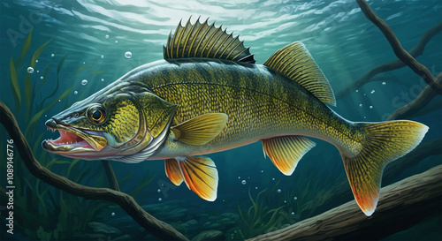 Walleye Fish in the Water, Stream or River, Isolated Nature Wildlife Fishing Angler Illustration