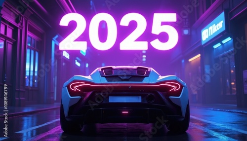 "2025" neon violet lights shine over a sleek sports car at night, creating a vibrant holiday greeting for the auto industry.