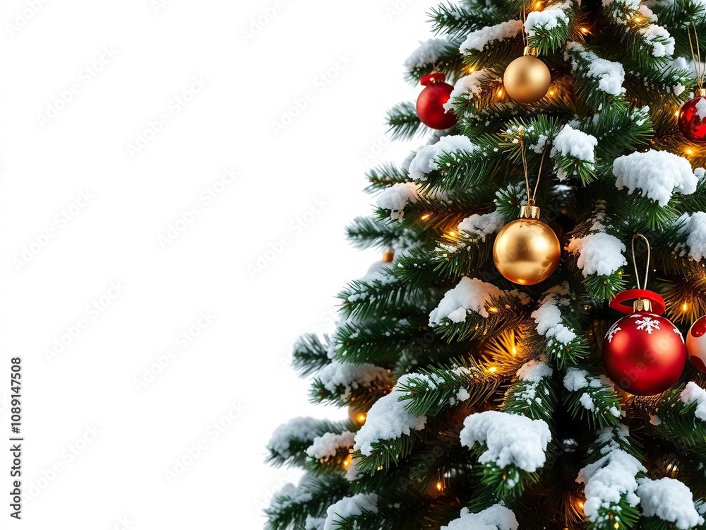 Snow-covered evergreen tree with ornaments and lights, snowy village, cozy cabin, frosty atmosphere Snow-covered evergreen tree with ornaments and lights, snowy village, cozy cabin, frosty atmosphere