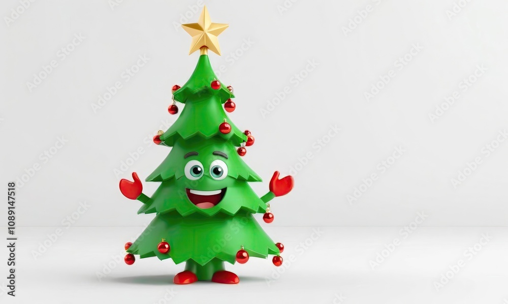 Cartoon-style funny Christmas tree character with a star on top, eyes and mouth, set against a light background. Perfect for festive greeting cards and holiday-themed designs. Cartoon-style funny Christmas tree character with a star on top, eyes and mouth, set against a light background. Perfect for festive greeting cards and holiday-themed designs.