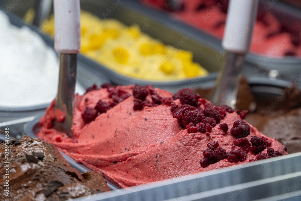 Close-Up of Raspberry Ice Cream in Shop Display