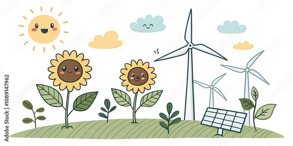 Fototapeta premium cute cartoon, climate change renewable energy background