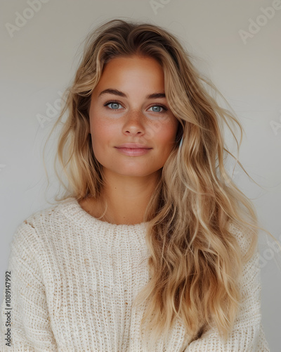 Blonde 25 year old girl stood on a U.K. street in the autumn. Moody weather. natural lighting. photo