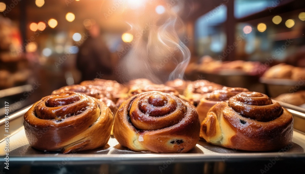 Close-up of steaming cinnamon rolls with glossy glaze, fresh out of the oven Close-up of steaming cinnamon rolls with glossy glaze, fresh out of the oven