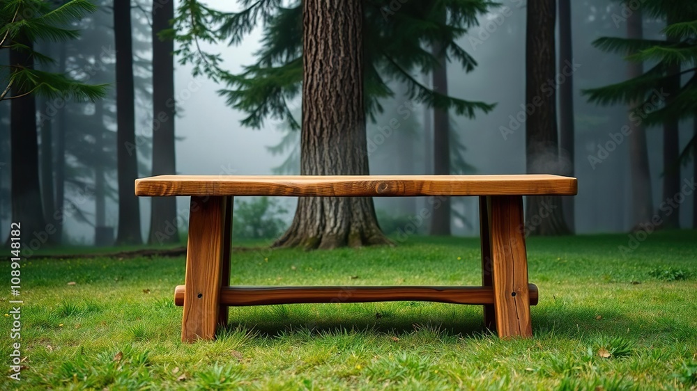 Obraz premium A beautifully crafted rustic wooden table is placed in a serene outdoor setting with a misty smoky background and tall trees surrounding it., misty atmosphere, tree branches, foggy background