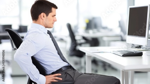 Person sitting at desk with poor posture, emphasizing the importance of ergonomic practices for maintaining health and productivity in the workplace.