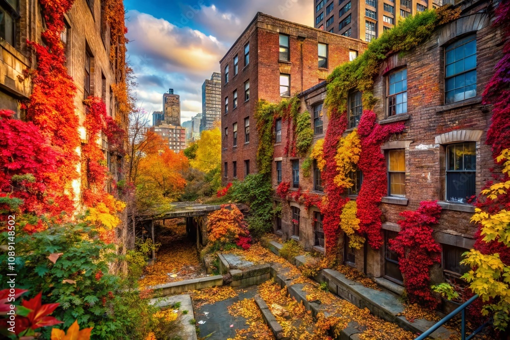 Fototapeta premium Captivating Urban Exploration in Fall: A Journey Through Colorful Leaves and Abandoned Buildings, Embracing Nature's Beauty Amidst Urban Decay
