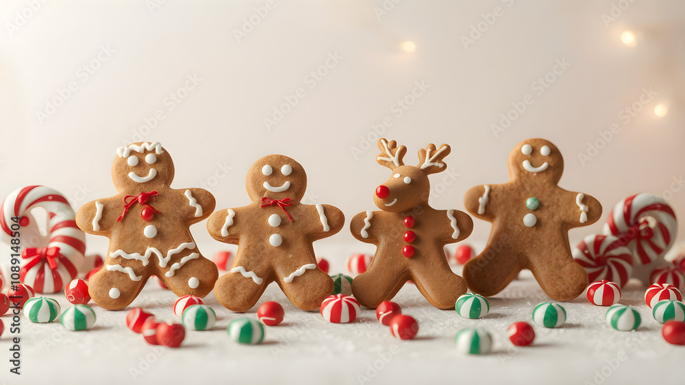 Fototapeta premium 8K Christmas background with gingerbread cookies in the shape of people and reindeer, decorated with white and red icing