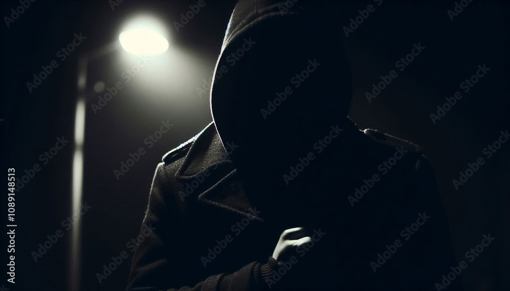A mysterious figure stands in the shadows, their face obscured by darkness. The only light comes from a dimly lit streetlamp, casting an eerie glow on the figure's silhouette. A mysterious figure stands in the shadows, their face obscured by darkness. The only light comes from a dimly lit streetlamp, casting an eerie glow on the figure's silhouette.