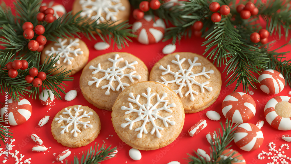 8K Christmas background with decorated cookies with white snowflakes on a bright red background with red and white candy bars