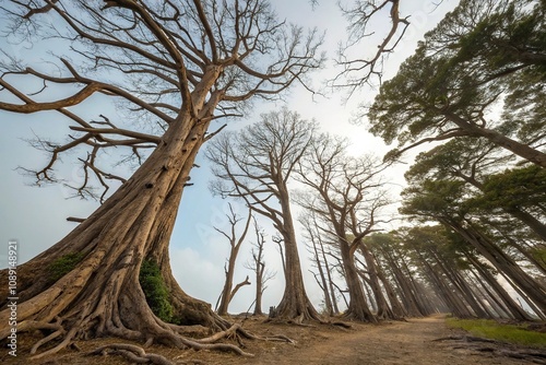 Twisted roots and ancient tree trunks stretching towards the sky like skeletal fingers, eerie atmosphere, haunted, overgrown, ghostly photo