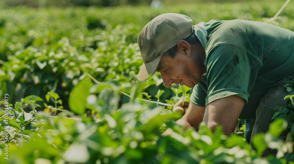 Close-up view of a dedicated farmer harvesting potatoes in the field, showcasing agricultural labor and rural life. Close-up view of a dedicated farmer harvesting potatoes in the field, showcasing agricultural labor and rural life.