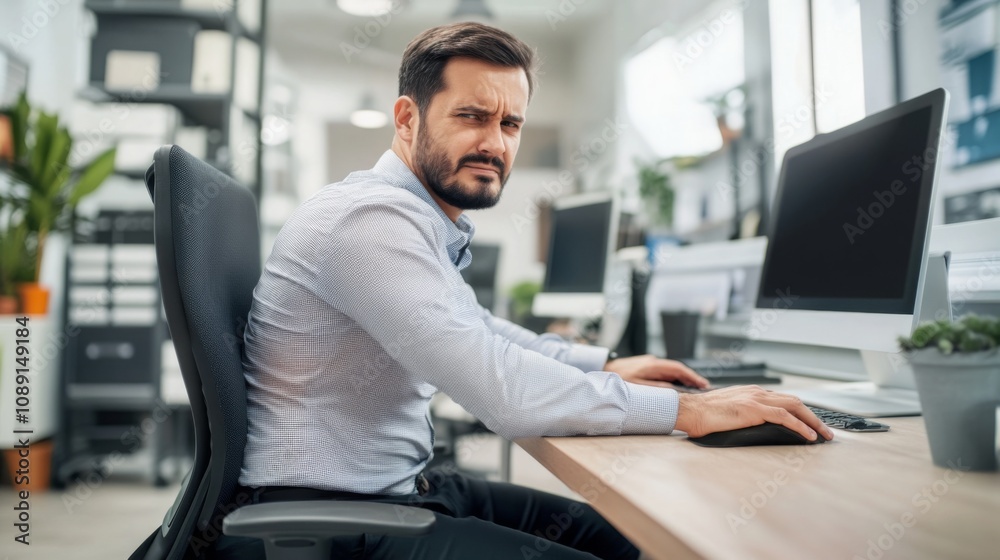 Person sitting at desk with poor posture, emphasizing the importance of ergonomic practices for maintaining health and productivity in the workplace. Person sitting at desk with poor posture, emphasizing the importance of ergonomic practices for maintaining health and productivity in the workplace.