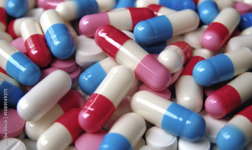 a pile of multicolored pills sitting on top of a pile of white and blue pills on top of each other a pile of multicolored pills sitting on top of a pile of white and blue pills on top of each other