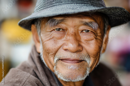 Elderly Asian man with a warm smile wearing a hat, expressing wisdom and serenity.