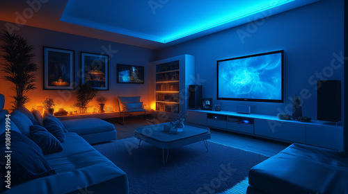 Futuristic living room with ambient lighting and a large screen displaying vivid graphics in the evening