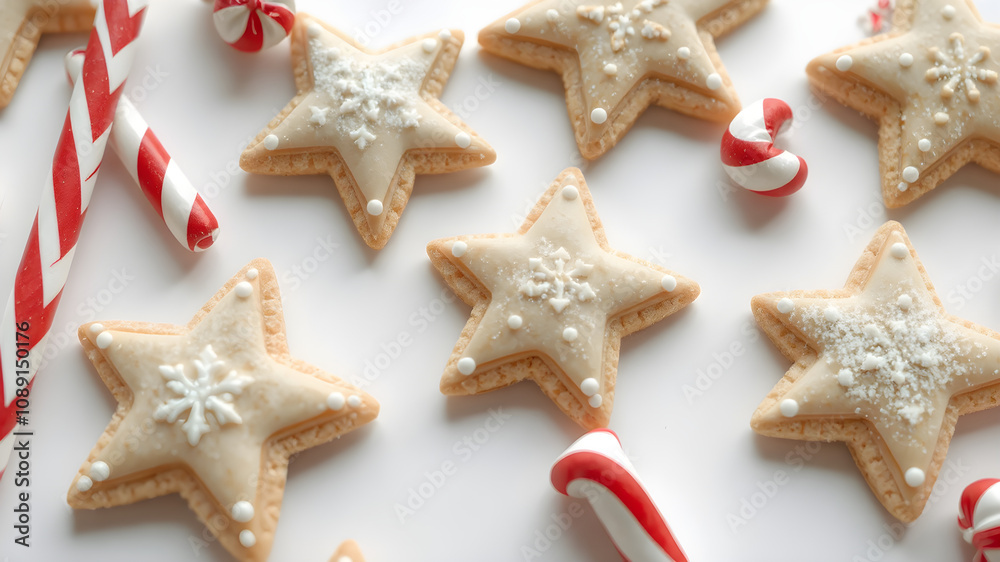 8K Christmas background with five-pointed star cookies decorated with white and sugar icing, placed next to red and white striped candy bars 8K Christmas background with five-pointed star cookies decorated with white and sugar icing, placed next to red and white striped candy bars