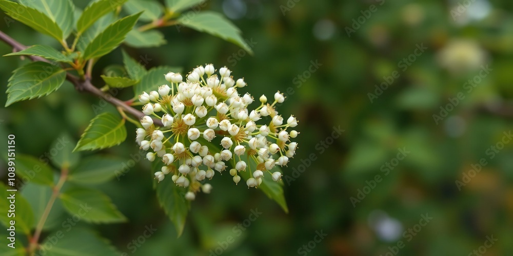 A branch with multiple tiny white elderberry flowers in full bloom surrounded by lush green leaves, botanicals, blooming branches, small blooms A branch with multiple tiny white elderberry flowers in full bloom surrounded by lush green leaves, botanicals, blooming branches, small blooms