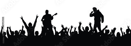 Rock Musicians and Crowd of Fans at Concert Silhouettes. Entertainment industry, art and leisure activity vector art