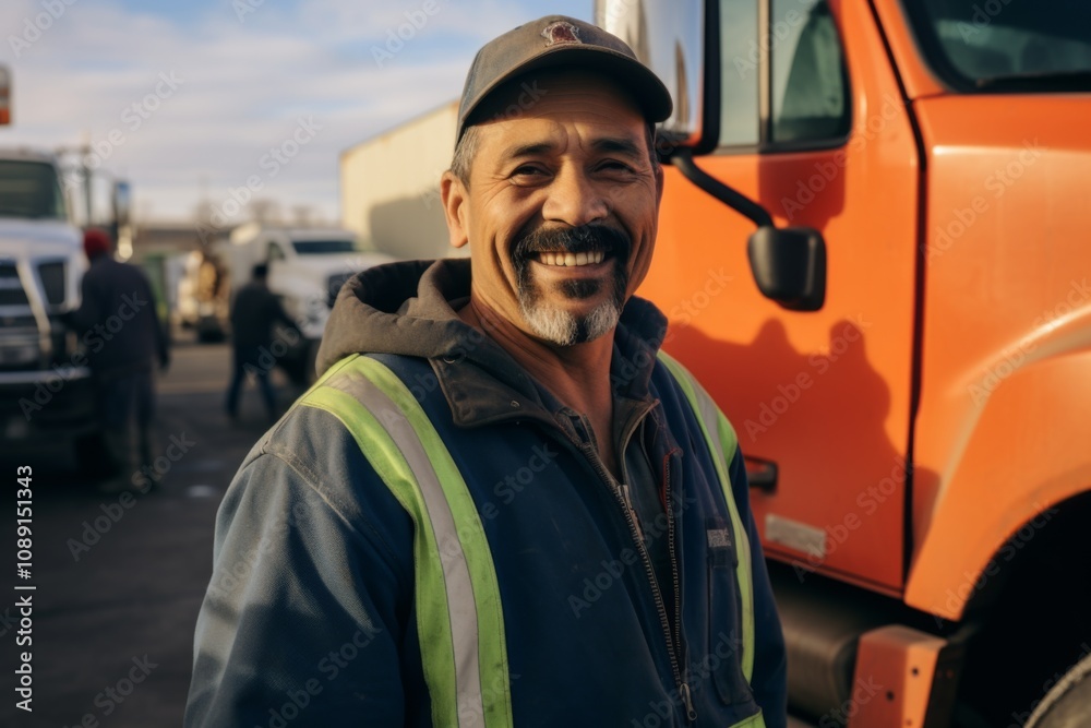 Smiling portrait of a middle aged Mexican tow truck driver Smiling portrait of a middle aged Mexican tow truck driver