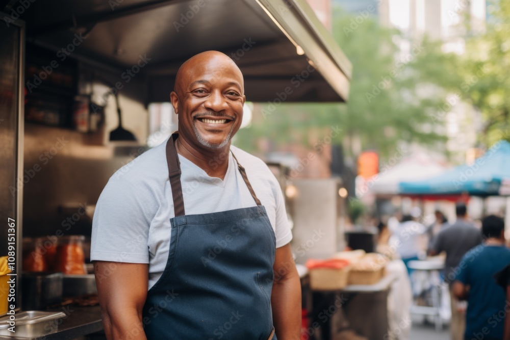 Smiling portrait of a middle aged African American food truck owner Smiling portrait of a middle aged African American food truck owner