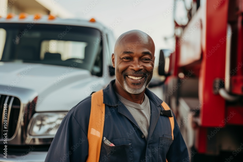 Smiling portrait of a middle aged African American male truck driver