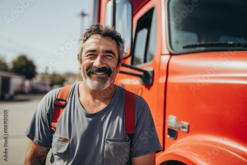 Smiling portrait of a middle aged Mexican tow truck driver