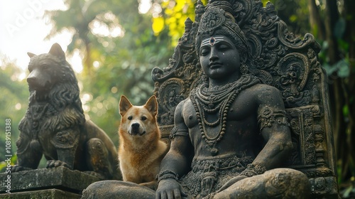 Bhairava, a fierce form of Shiva, with a dog companion, in a graveyard setting photo