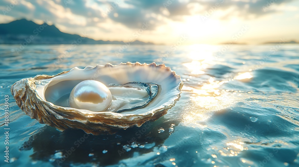 Ocean Pearl in Oyster Shell at Sunset Ocean Pearl in Oyster Shell at Sunset