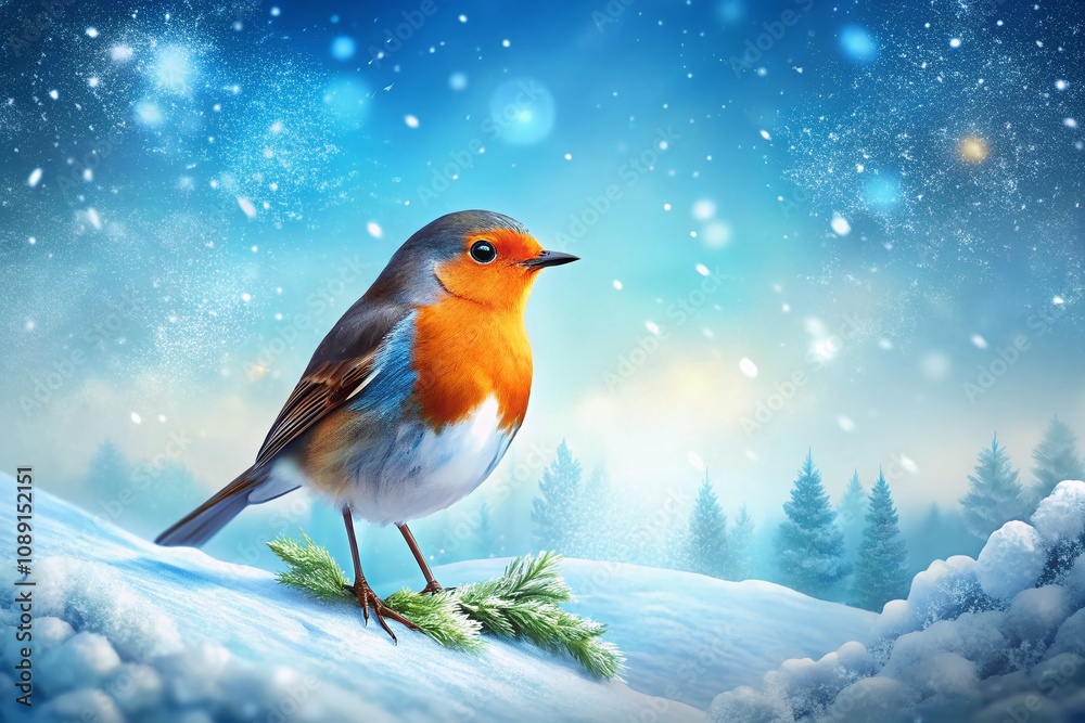 Charming Illustration of a Robin Perched on a Snowy Branch, Capturing the Beauty of Winter in a Scenic Landscape with Soft Snowflakes and a Serene Atmosphere Charming Illustration of a Robin Perched on a Snowy Branch, Capturing the Beauty of Winter in a Scenic Landscape with Soft Snowflakes and a Serene Atmosphere