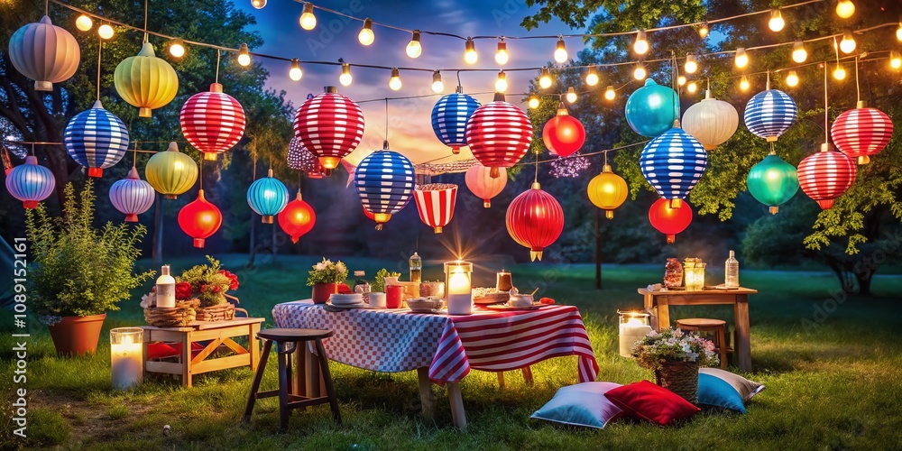 Charming Night Photography of Colorful Children's Paper Lanterns in Patriotic Hues Illuminating a Memorial Day Picnic Celebration Under a Starry Sky Charming Night Photography of Colorful Children's Paper Lanterns in Patriotic Hues Illuminating a Memorial Day Picnic Celebration Under a Starry Sky